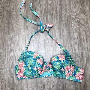 H&M Women's Blue Multi Floral Knot Front Halter Underwire Bikini Swim Top sz 34A